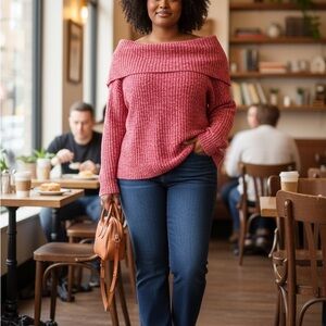 NEW! Madewell Merino Wool Blend Off the Shoulder Sweater Blush Marled Red XL